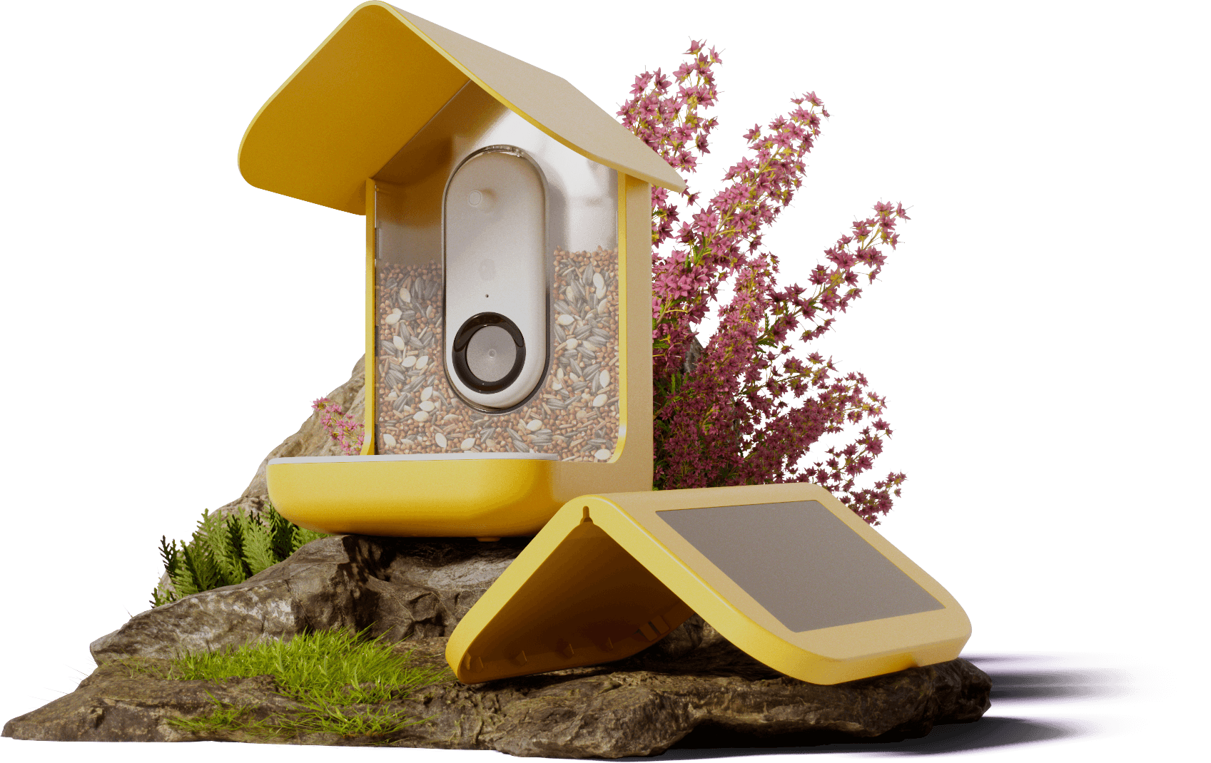 Yellow Smart Bird Feeder with solar roof