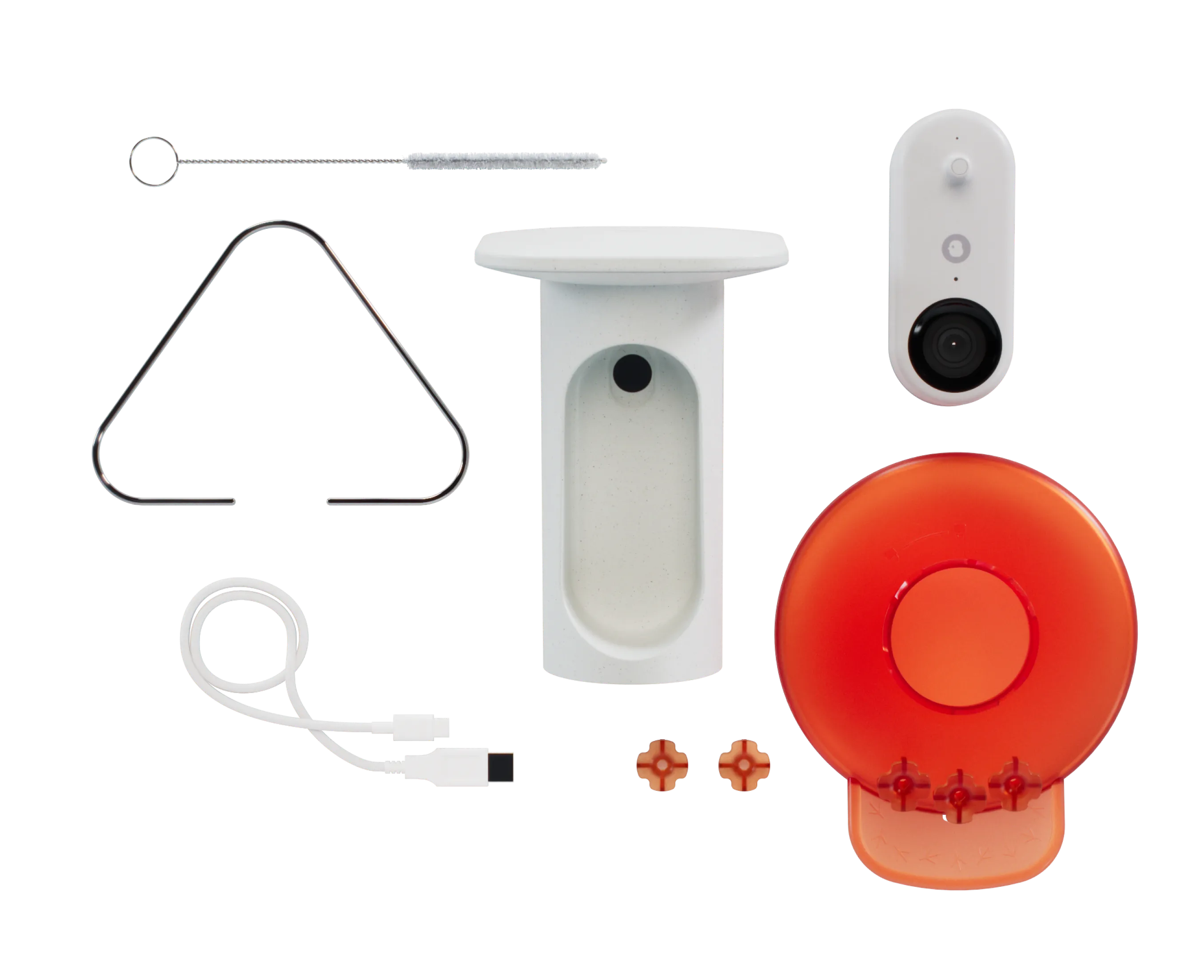 Everything in the box laid out: camera, feeder, cable, hanger, flower ports and cleaning brush