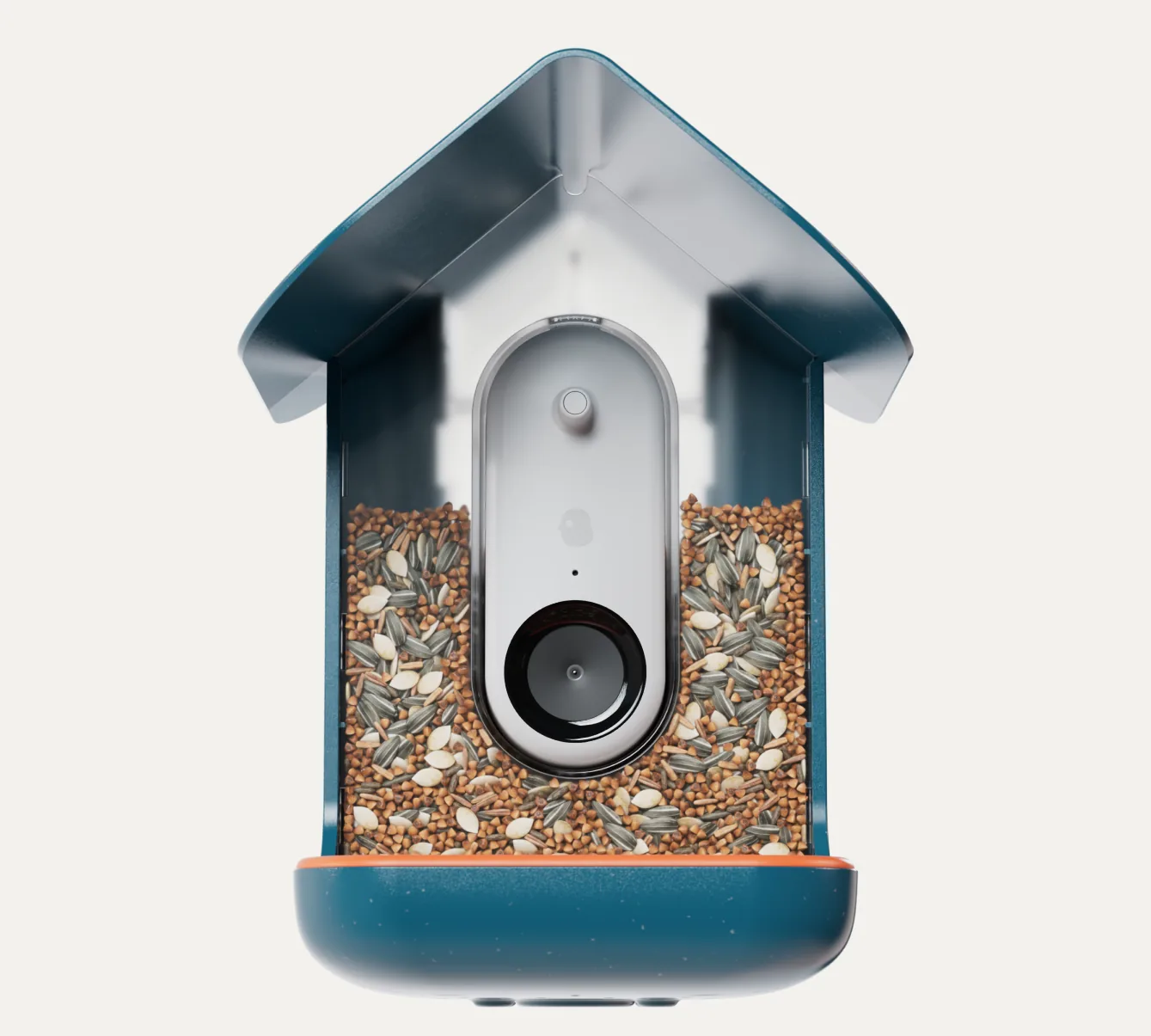 Birdbuddy smart bird feeder with its camera, filled with seed