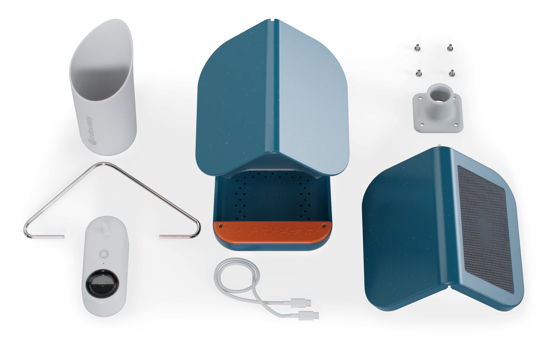 Everything in the box laid out: camera, solar roof, feeder, cable, hanger, seed scoop and mount