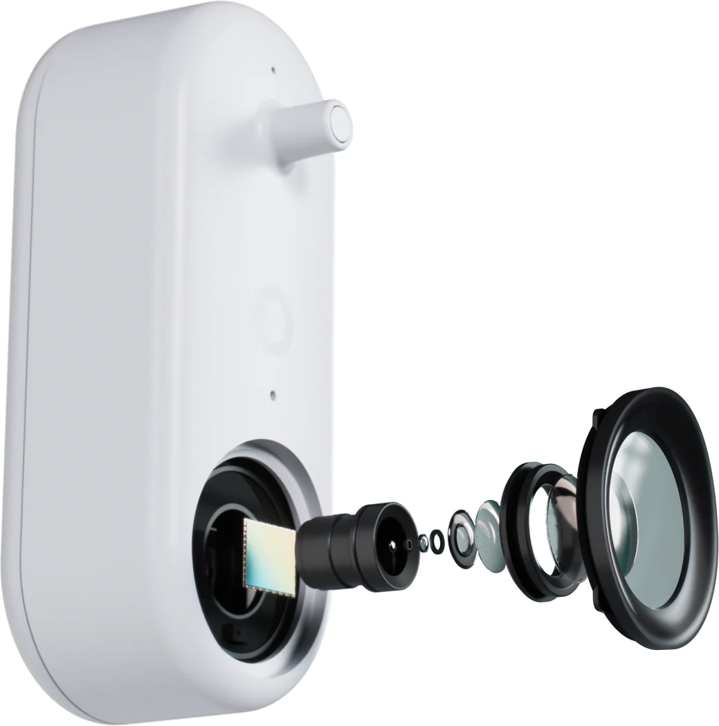 Exploded view of the Birdbuddy 2K camera module and its lens elements