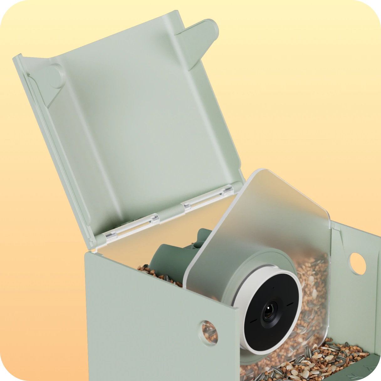 Birdbuddy Nook opened to show the seed compartment being refilled